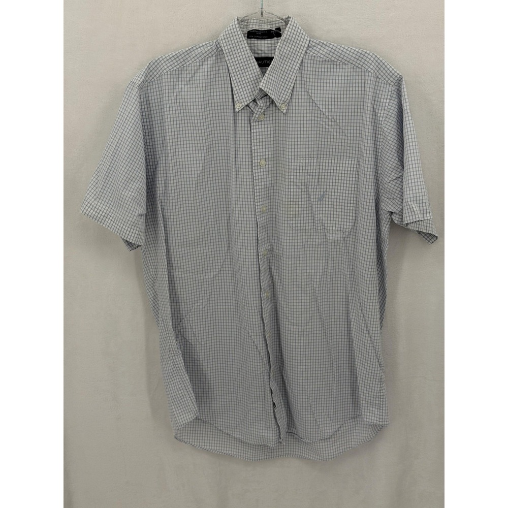 Nautica Shirt Mens 16 Large Blue Check Short Sleeve Button Up 100% Cotton Casual